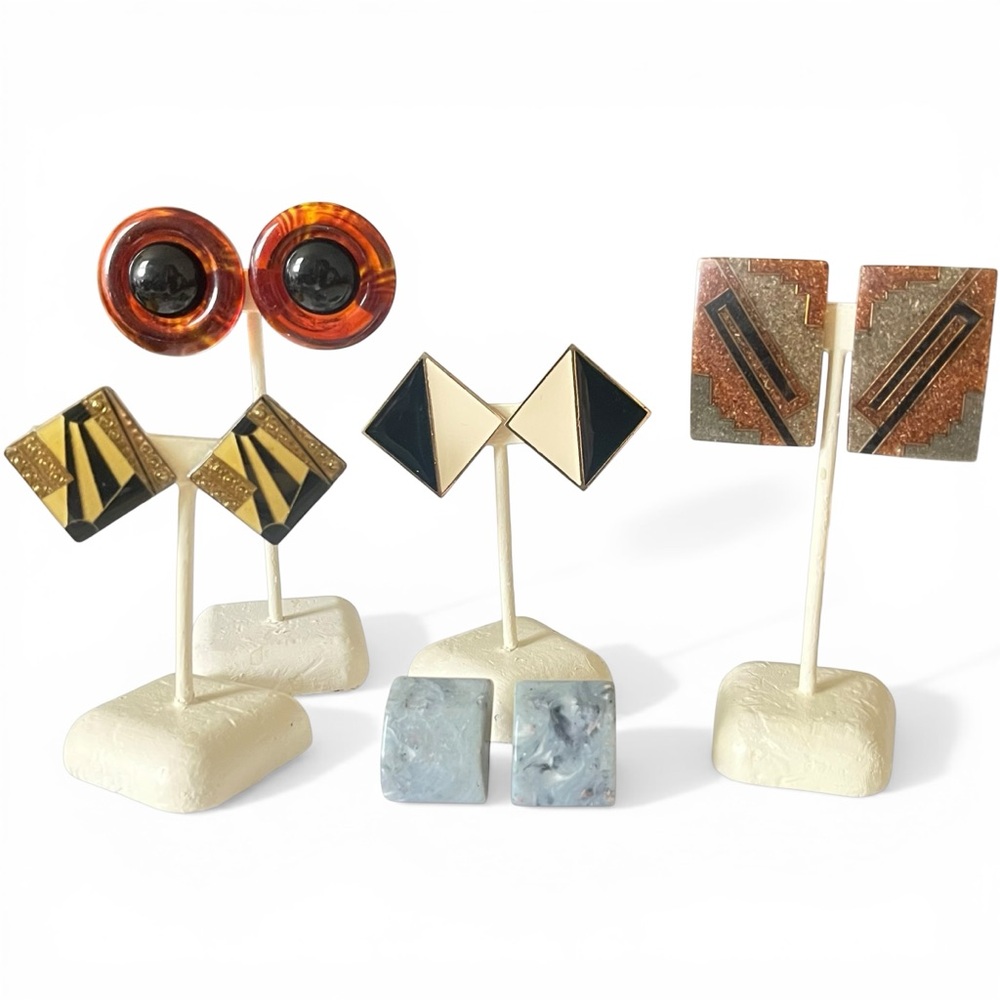 Vintage 80s Geometric Clip On Earrings Lot Memphis Style